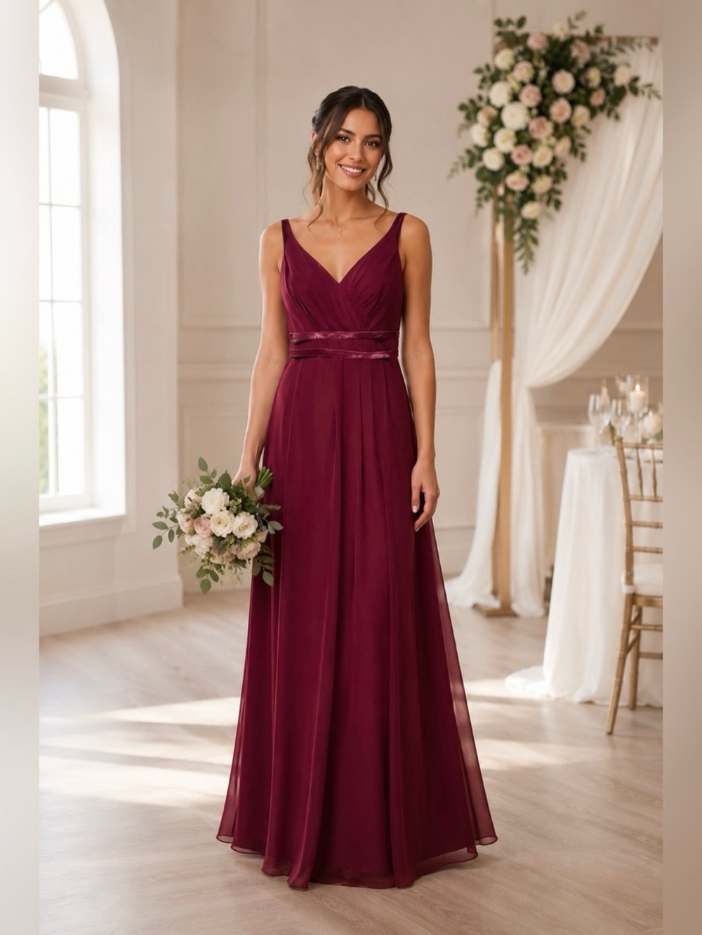 Sorella Vita Burgundy Chiffon A-Line Bridesmaid Dress Velvet Trim 12⁠